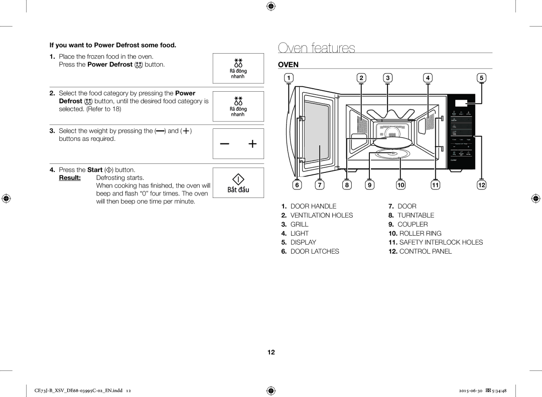 Samsung CE73J-B/XSV manual Oven features, If you want to Power Defrost some food, Door Latches Control Panel 