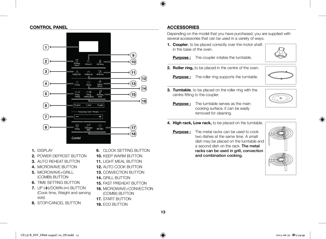 Samsung CE73J-B/XSV manual Control Panel Accessories, Purpose, UP /DOWN Button Cook time, Weight and serving size 