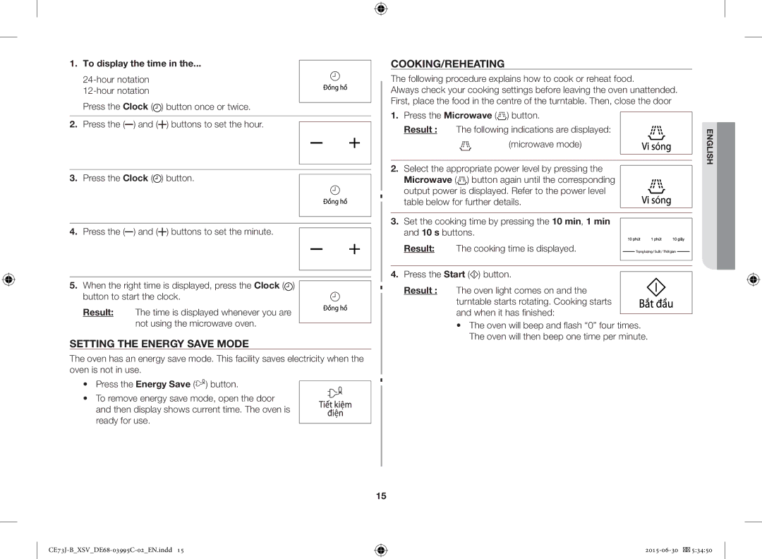 Samsung CE73J-B/XSV manual Setting the Energy Save Mode, Cooking/Reheating, To display the time 