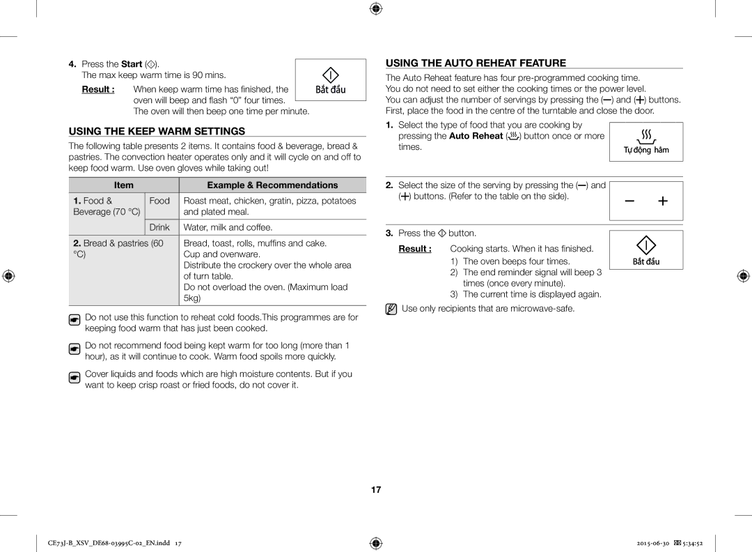 Samsung CE73J-B/XSV manual Using the Keep Warm Settings, Using the Auto Reheat Feature, Example & Recommendations 