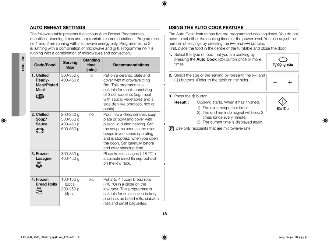 Samsung CE73J-B/XSV manual Auto Reheat Settings, Using the Auto Cook Feature, Serving Standing Code/Food, Recommendations 