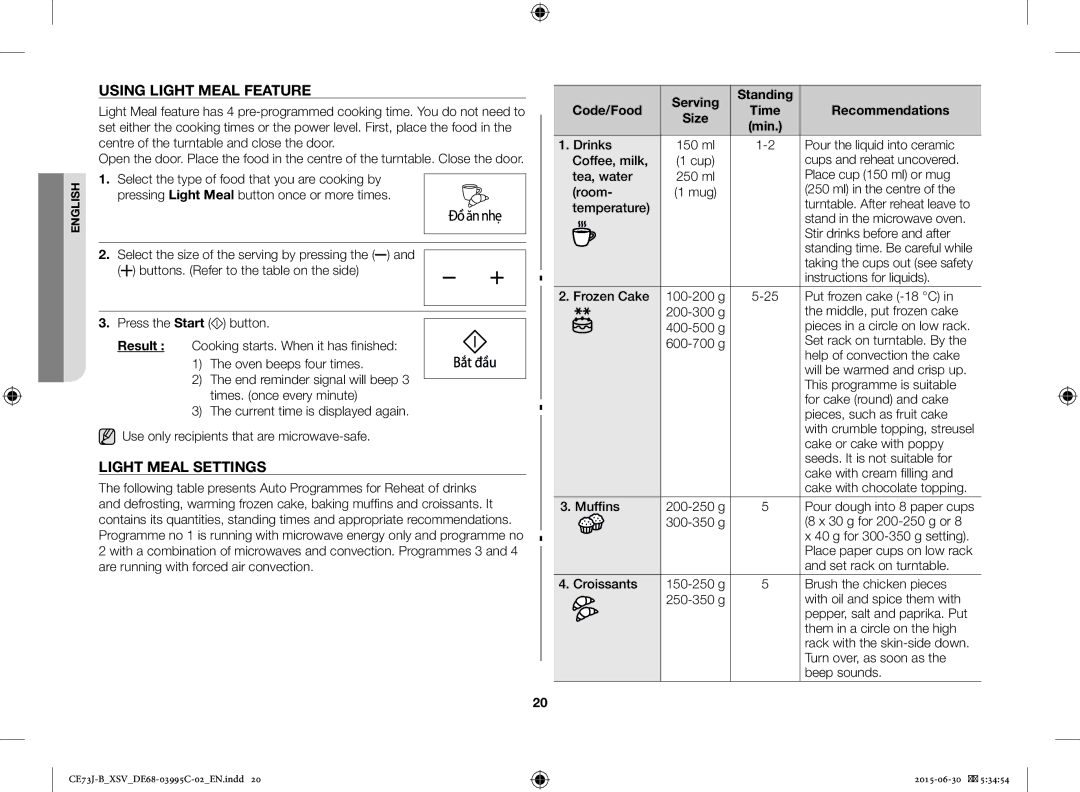 Samsung CE73J-B/XSV manual Using Light Meal Feature, Light Meal Settings 