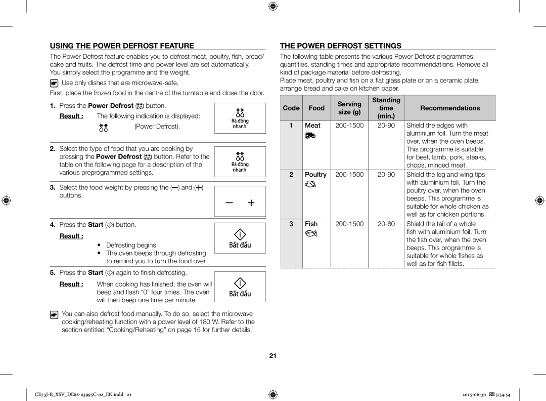 Samsung CE73J-B/XSV manual Using the Power Defrost Feature, Power Defrost Settings, Result, Serving Standing, Food 