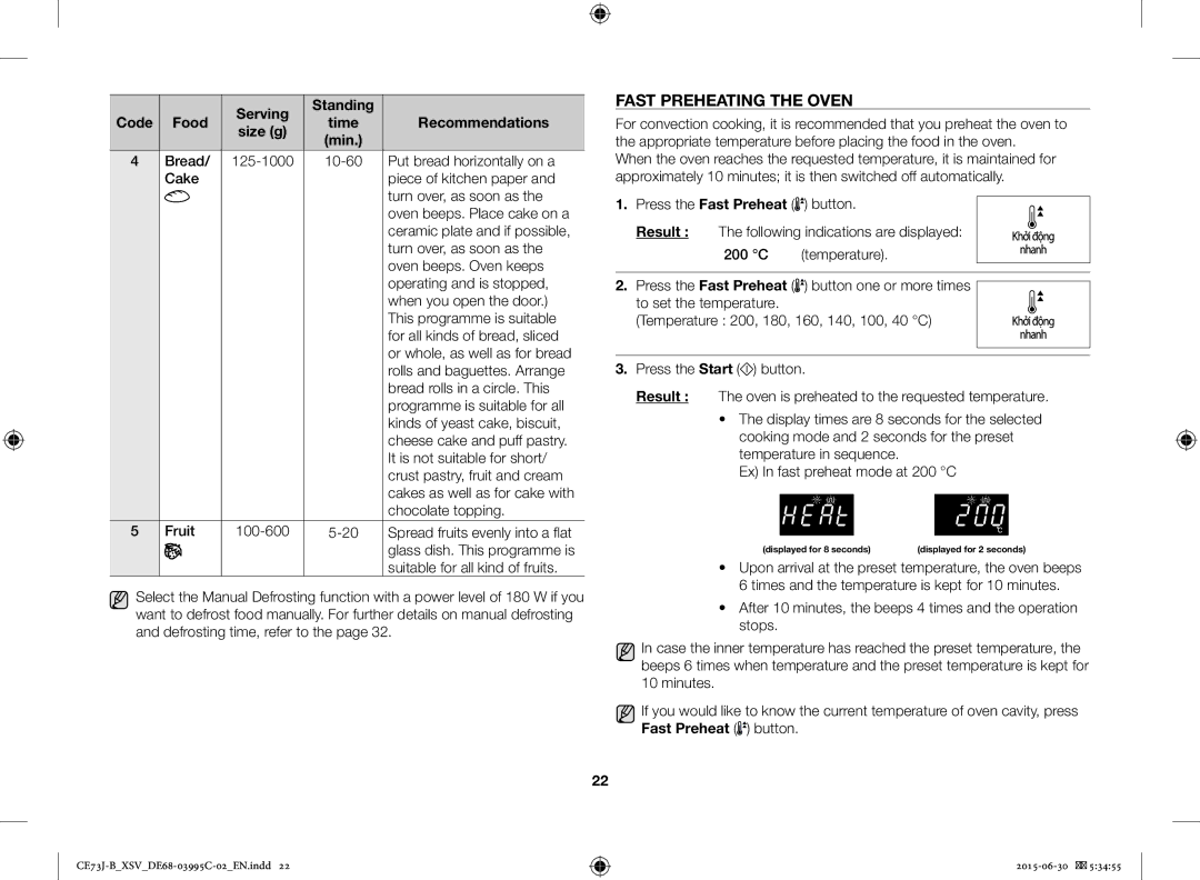 Samsung CE73J-B/XSV manual Fast Preheating the Oven, Size g 