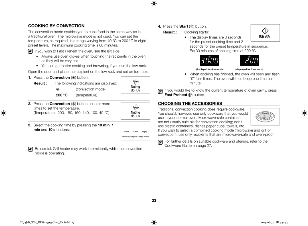 Samsung CE73J-B/XSV manual Cooking by Convection, Choosing the Accessories, Fast Preheat button 