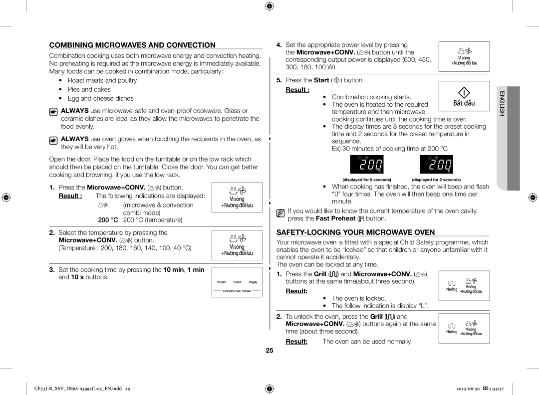 Samsung CE73J-B/XSV manual Combining Microwaves and Convection, SAFETY-LOCKING Your Microwave Oven 