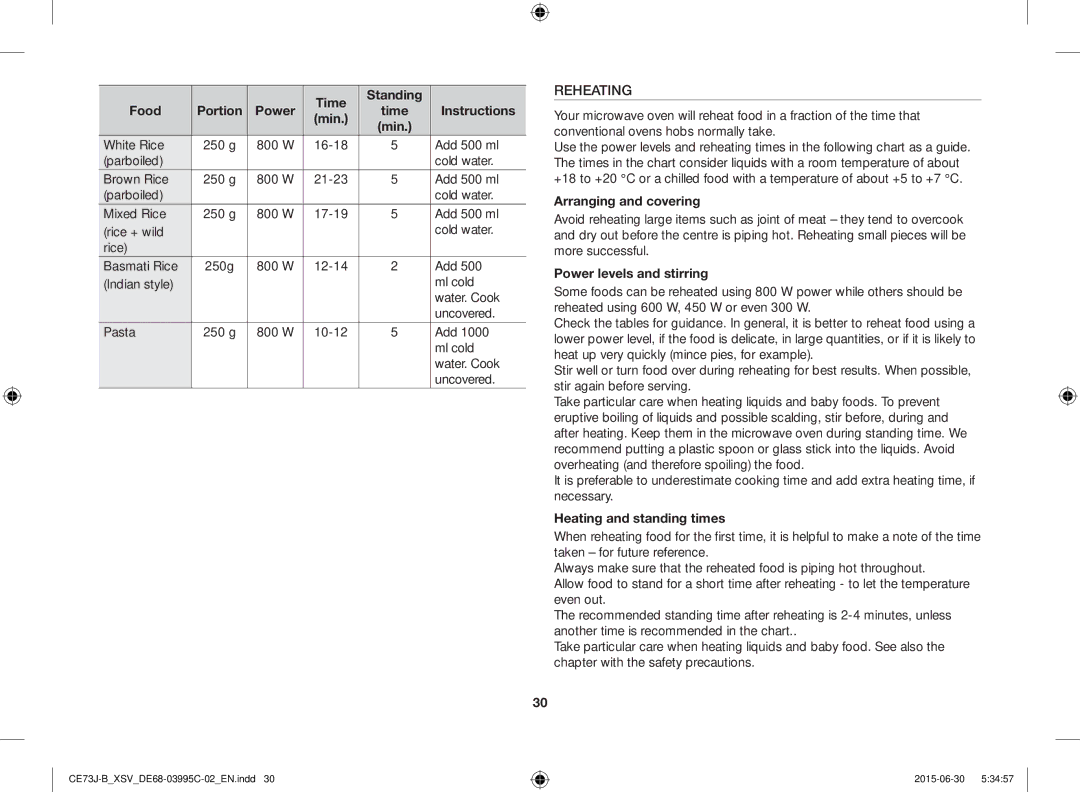 Samsung CE73J-B/XSV Reheating, Arranging and covering, Power levels and stirring, Heating and standing times, Portion 