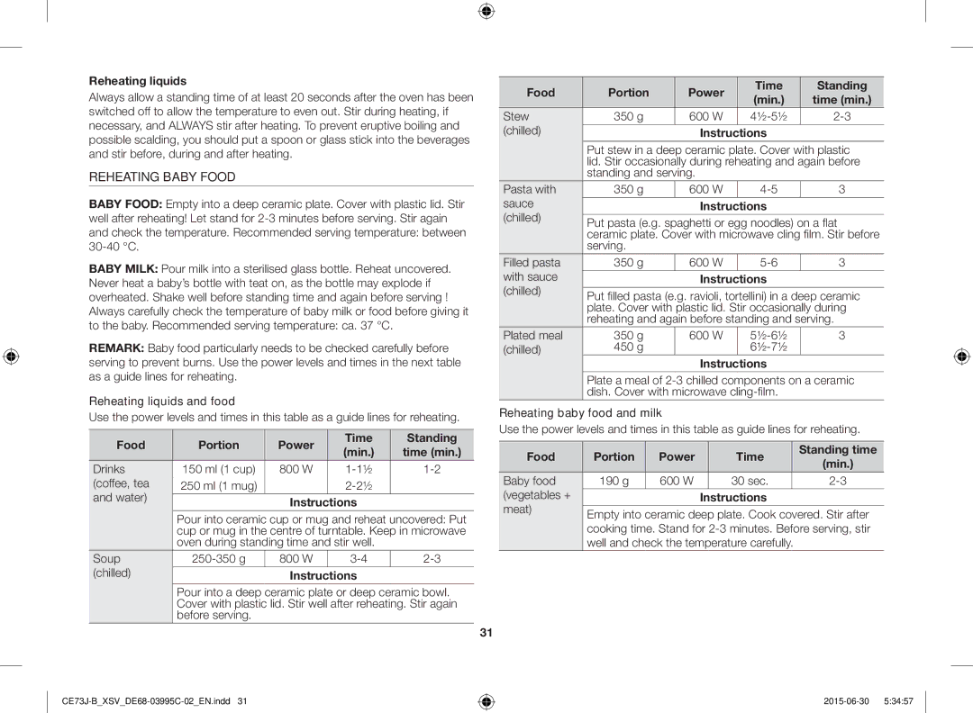 Samsung CE73J-B/XSV manual Reheating liquids, Reheating Baby Food, Food Portion Power Time Standing Min 