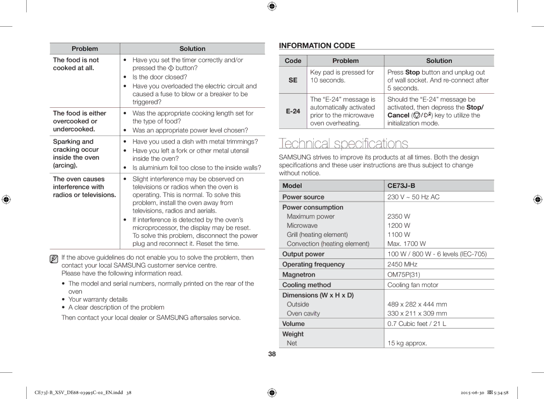 Samsung CE73J-B/XSV manual Technical specifications, Information Code 