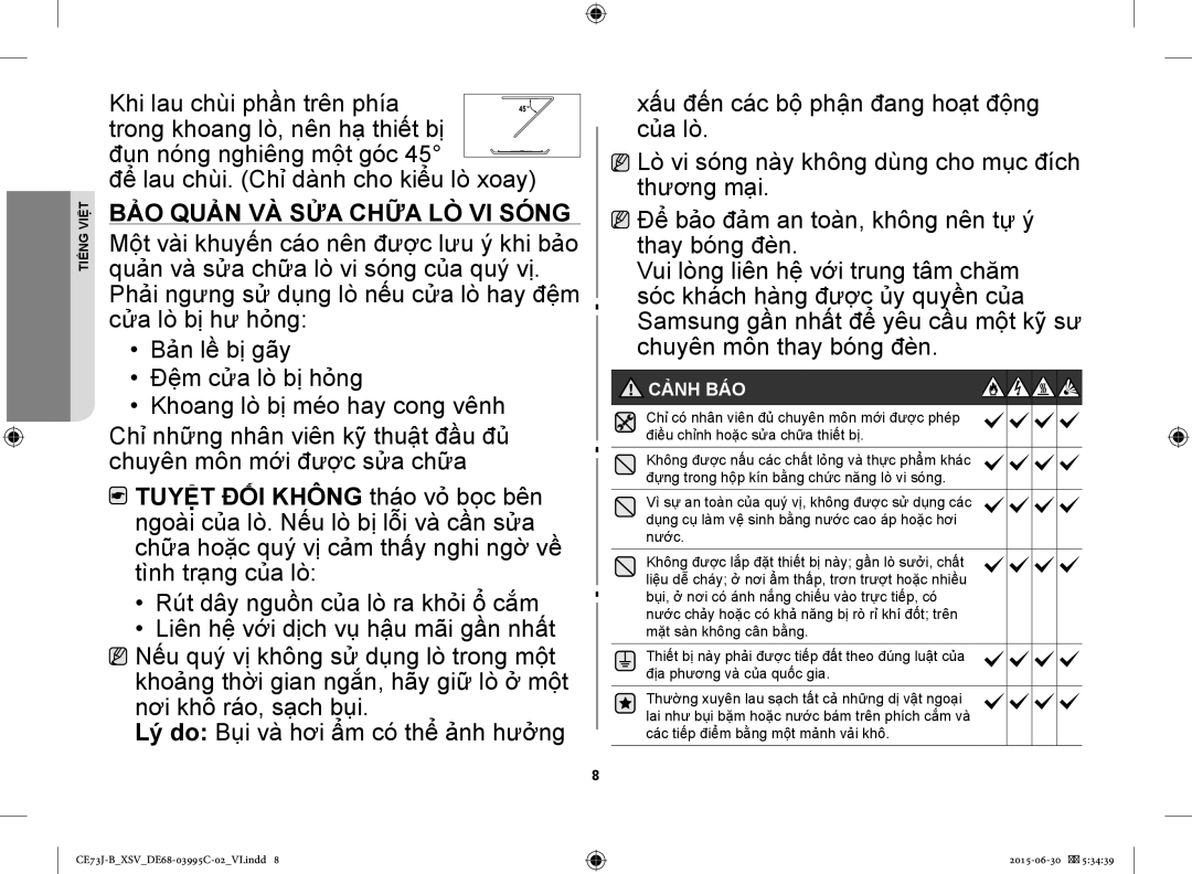 Samsung CE73J-B/XSV manual BẢO Quản VÀ SỬA Chữa LÒ VI Sóng, Cảnh BÁO 