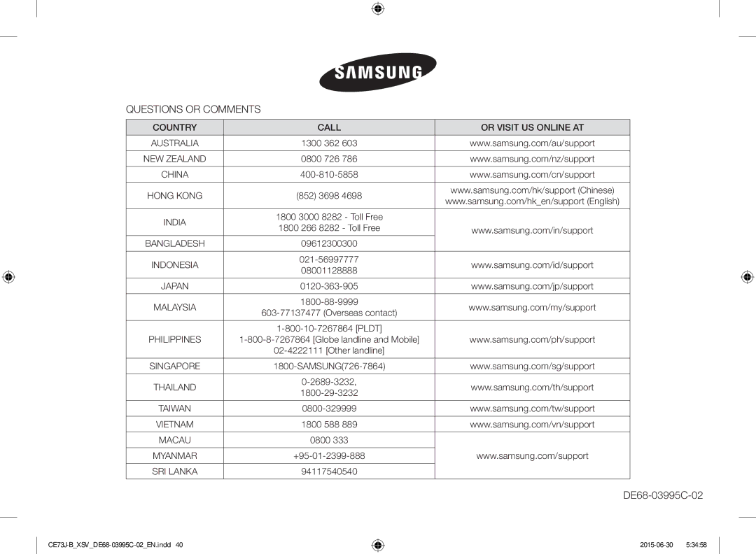 Samsung CE73J-B/XSV manual Country Call Or Visit US Online AT, +95-01-2399-888 