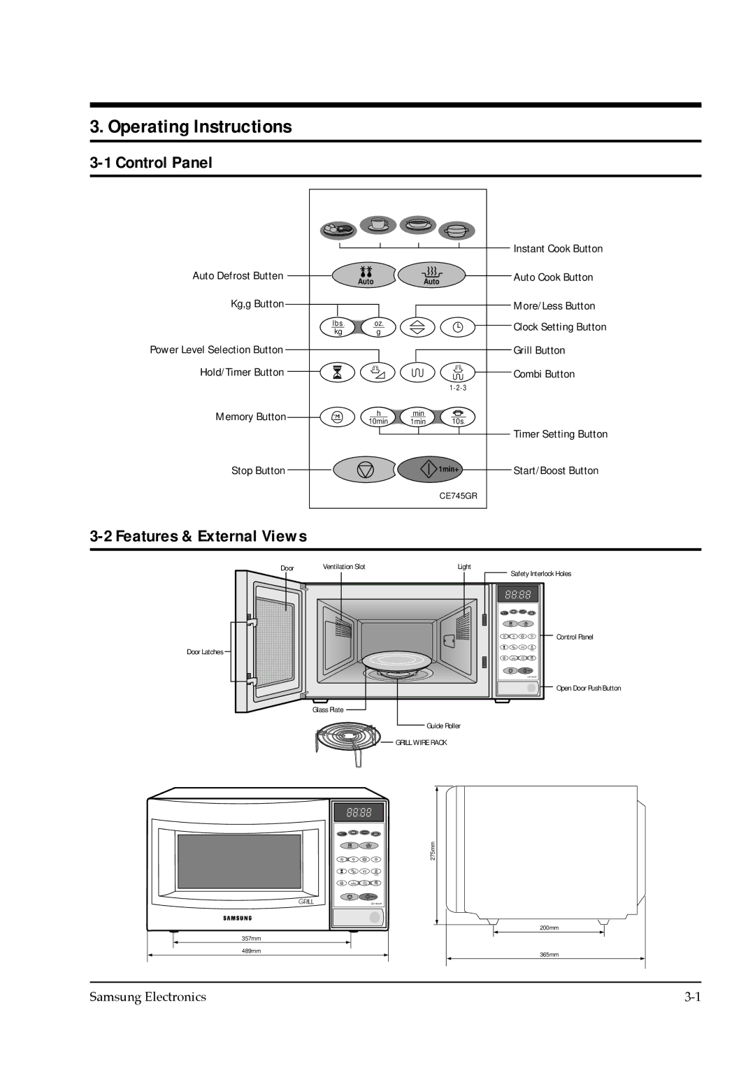 Samsung CE745GR service manual Operating Instructions, Control Panel, Features & External Views 