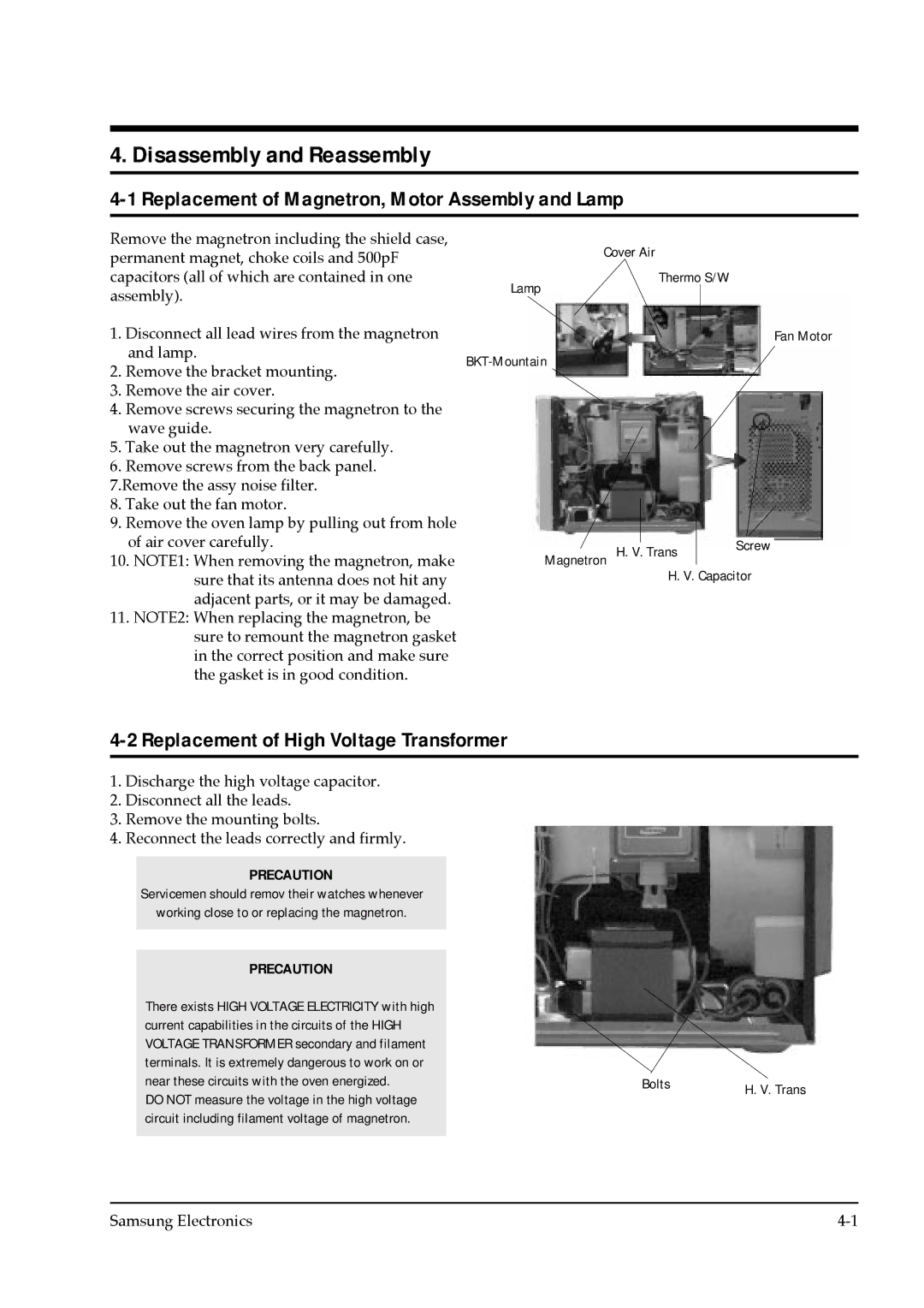 Samsung CE745GR service manual Disassembly and Reassembly, Replacement of Magnetron, Motor Assembly and Lamp 