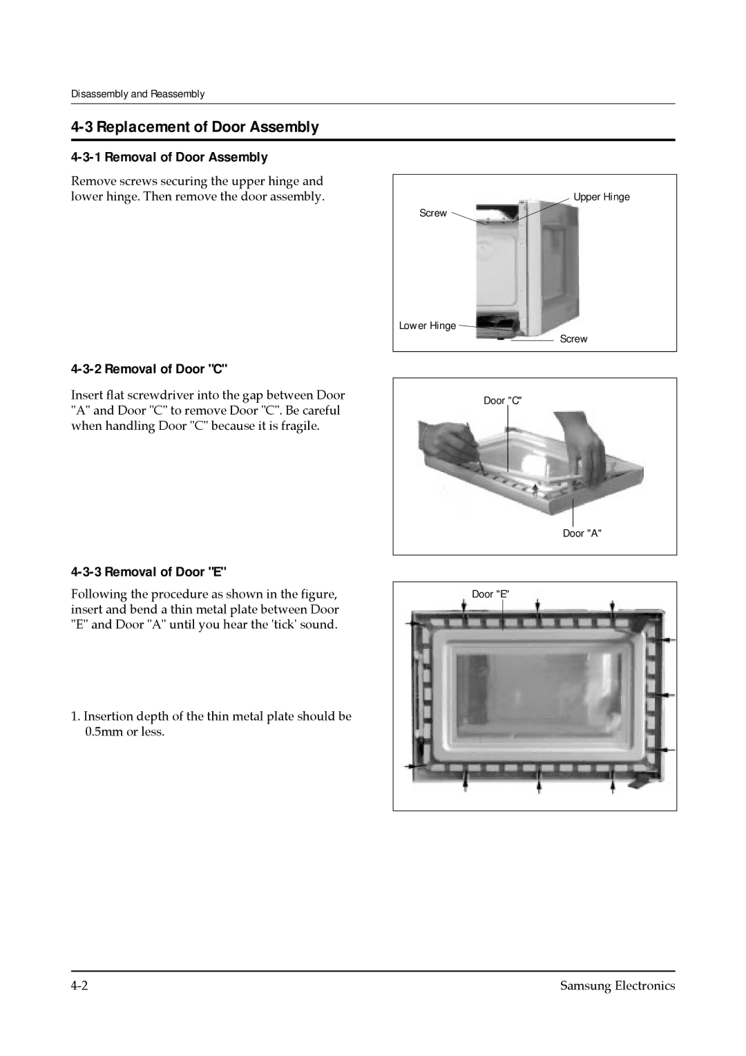 Samsung CE745GR service manual Replacement of Door Assembly, Removal of Door Assembly 