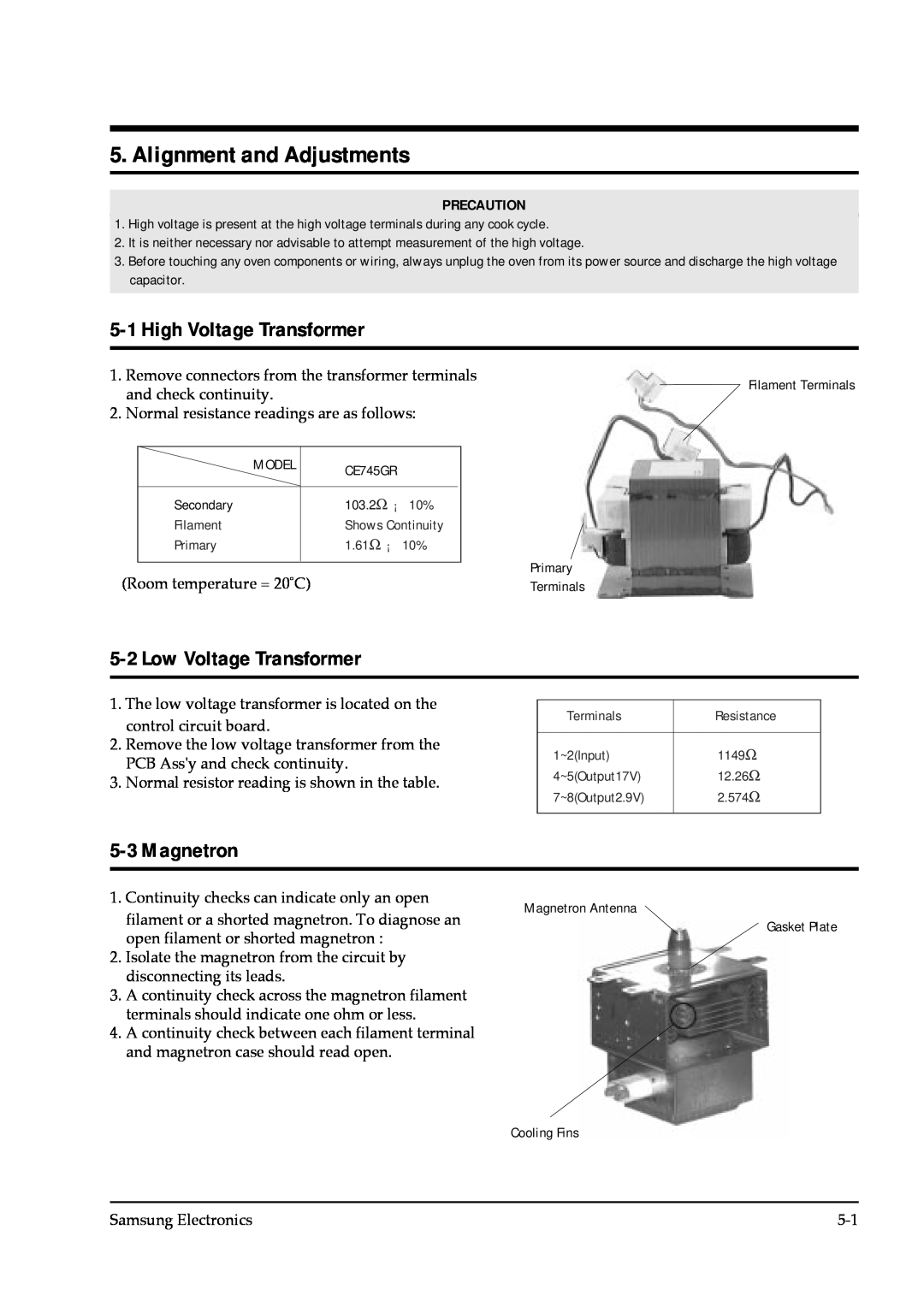 Samsung CE745GR service manual Alignment and Adjustments, High Voltage Transformer, Low Voltage Transformer, Magnetron 
