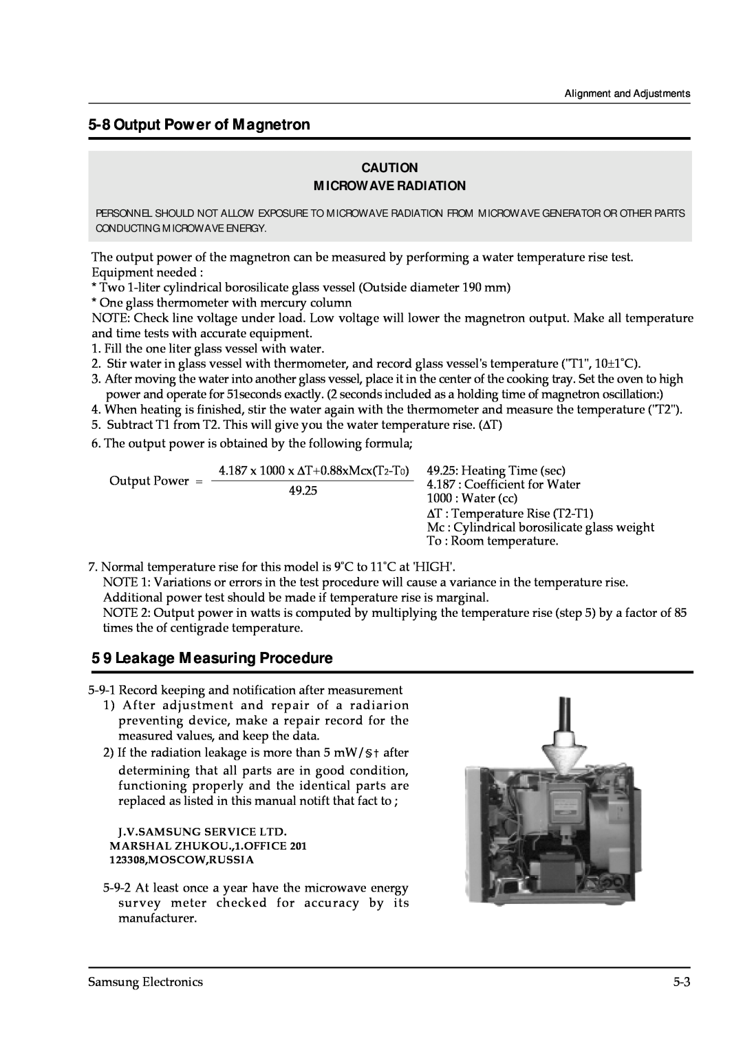 Samsung CE745GR service manual Output Power of Magnetron, 5 9 Leakage Measuring Procedure, Microwave Radiation 