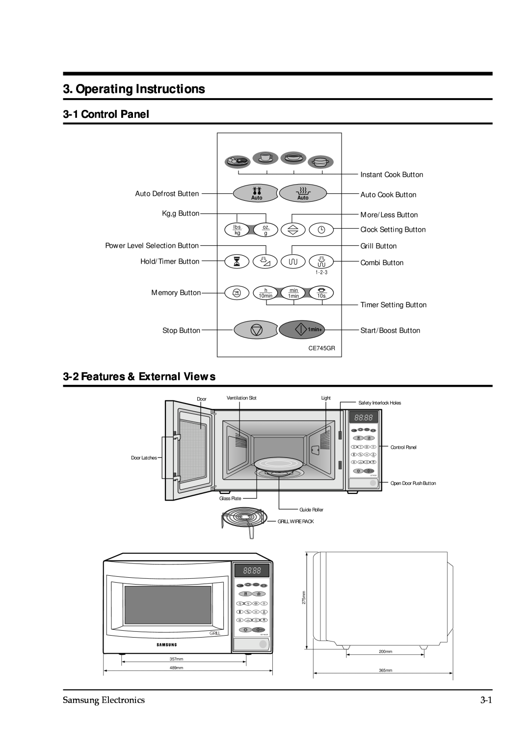 Samsung CE745GR service manual Operating Instructions, Control Panel, Features & External Views 