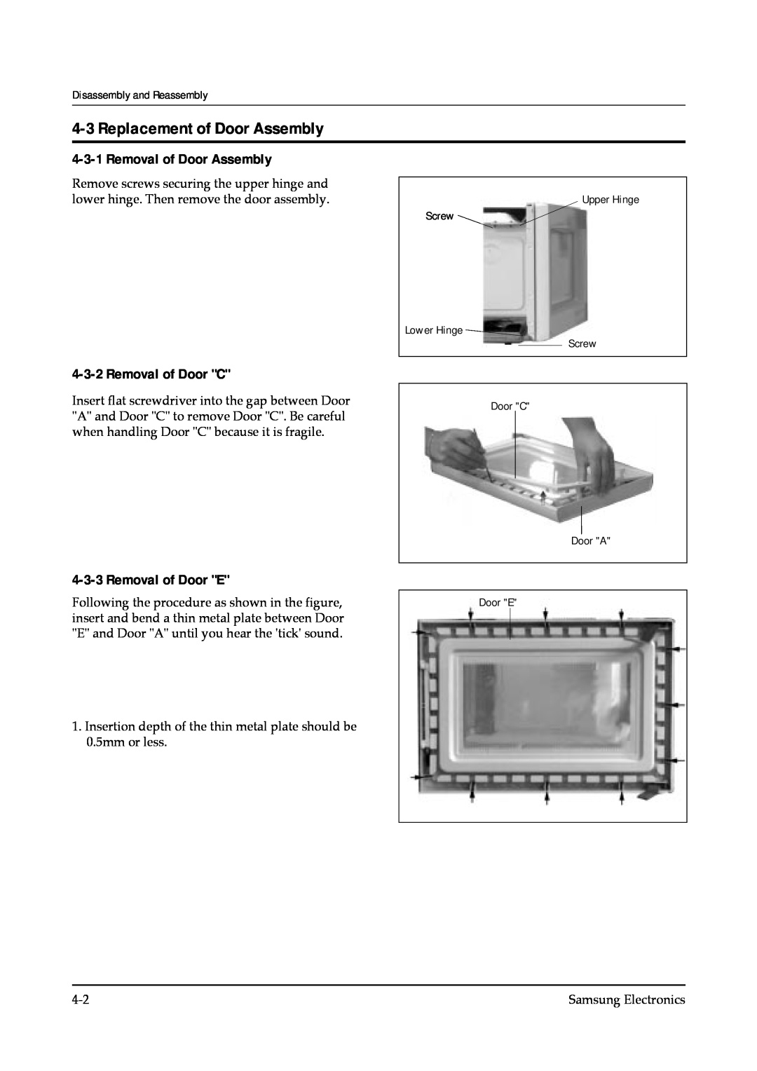 Samsung CE745GR service manual Replacement of Door Assembly, Removal of Door Assembly, Removal of Door C, Removal of Door E 
