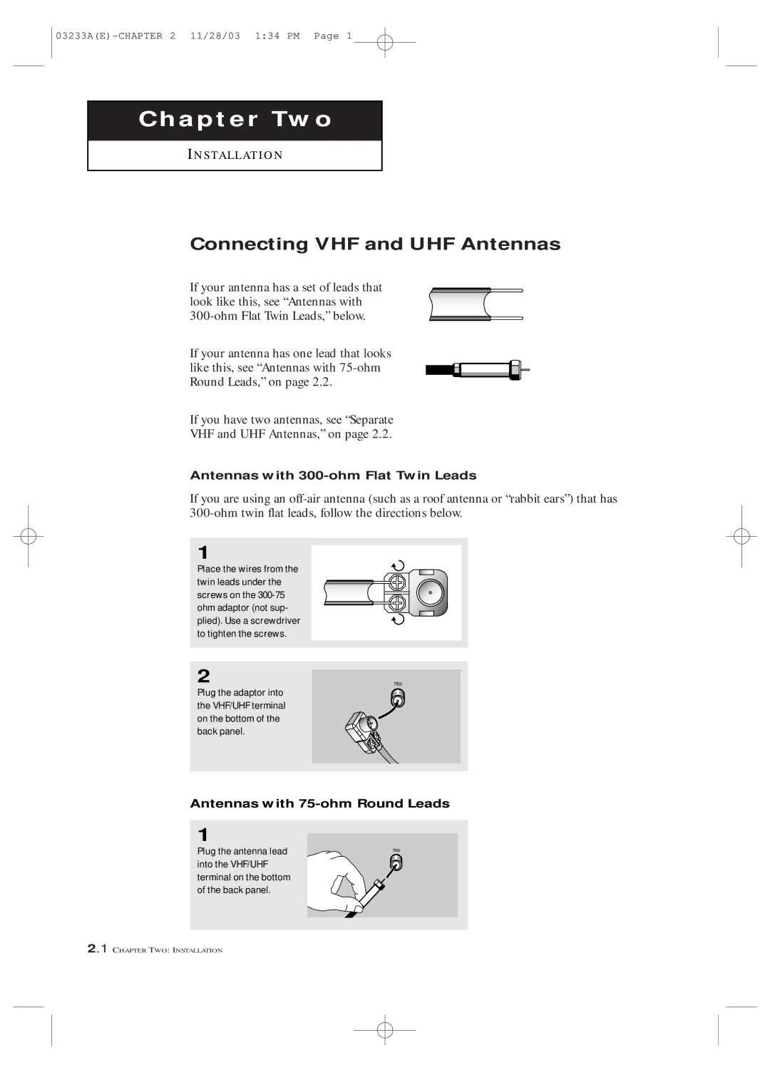 Samsung AA68-03265A-00, CFTD2085, CFTD2785 manual Connecting VHF and UHF Antennas, Antennas with 300-ohm Flat Twin Leads 