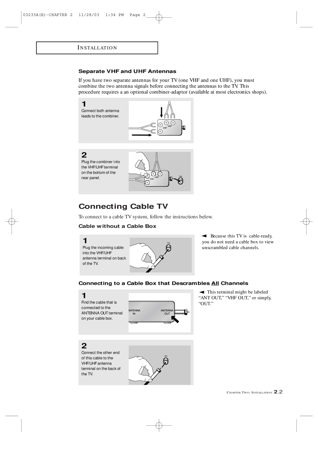 Samsung CFTD2085, CFTD2785, AA68-03265A-00 Connecting Cable TV, Separate VHF and UHF Antennas, Cable without a Cable Box 