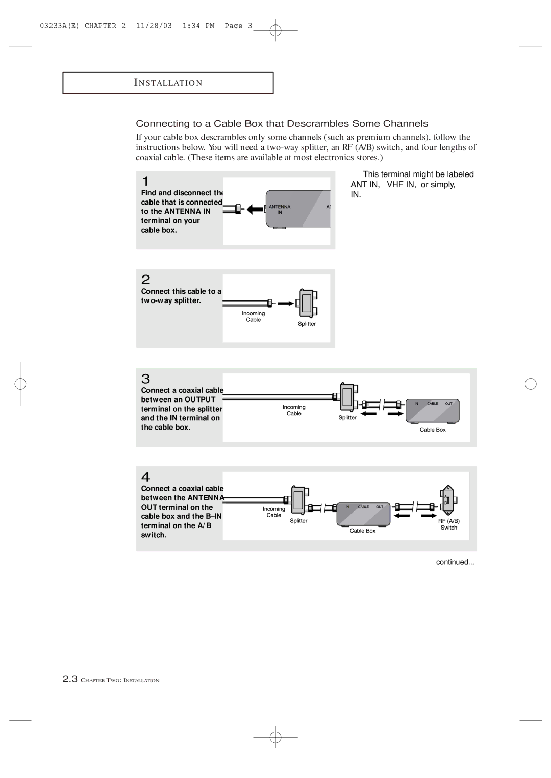 Samsung CFTD2785, CFTD2085 manual Connecting to a Cable Box that Descrambles Some Channels, This terminal might be labeled 