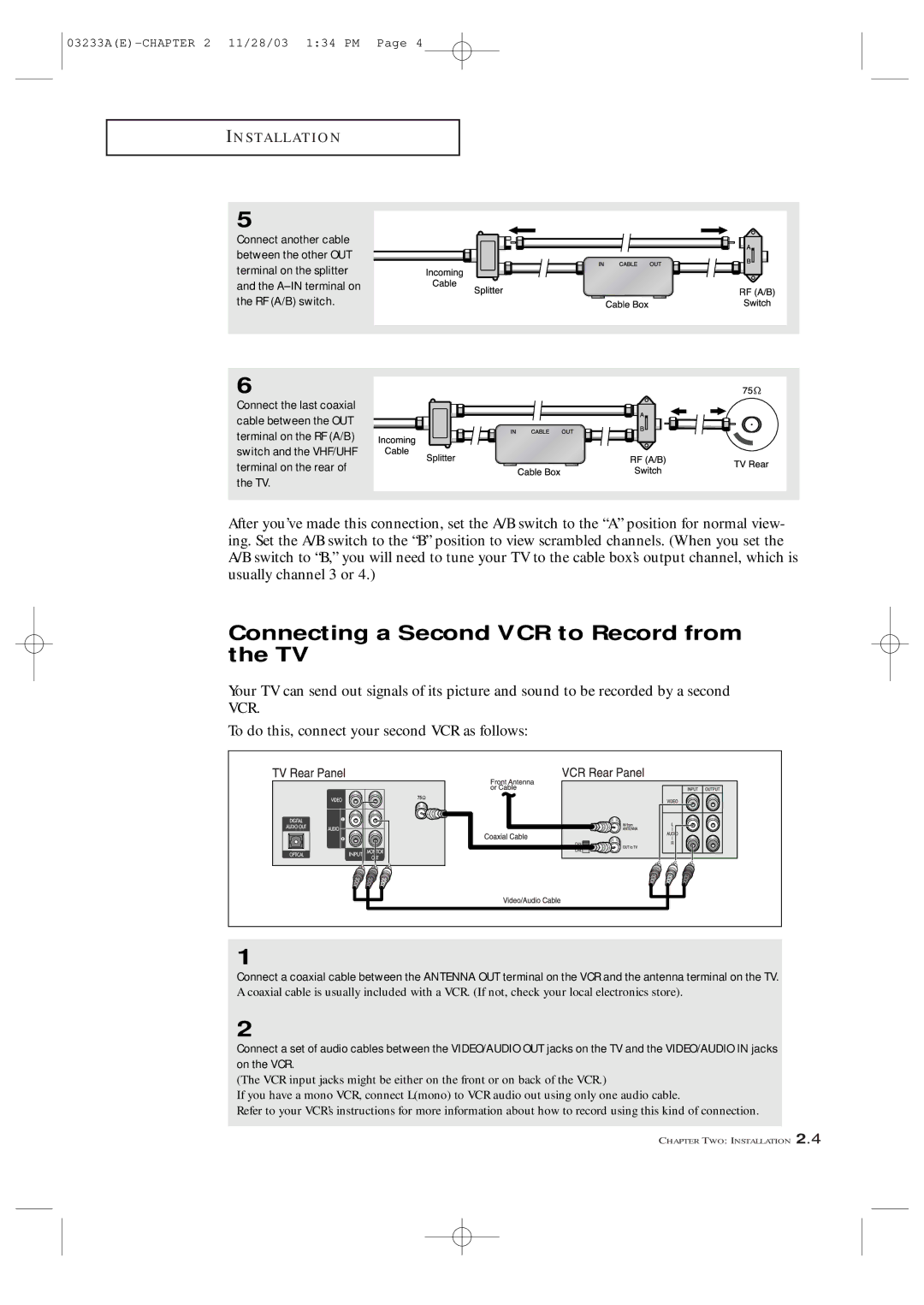 Samsung AA68-03265A-00, CFTD2085, CFTD2785 manual Connecting a Second VCR to Record from the TV 