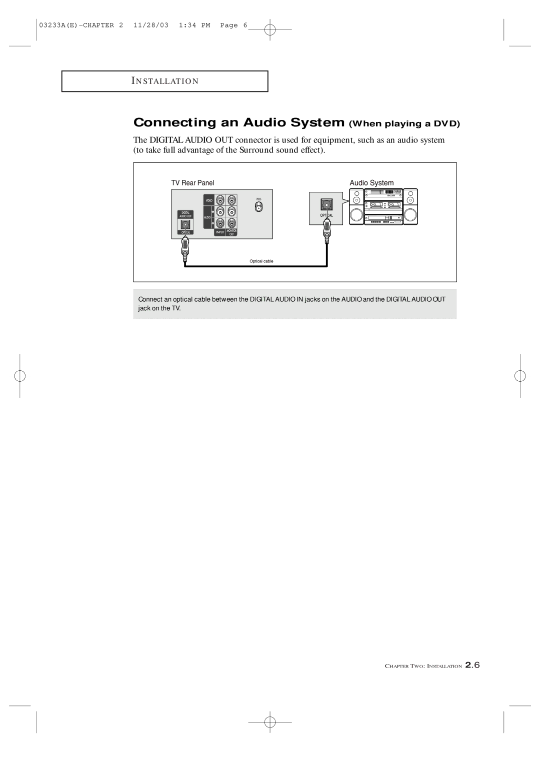 Samsung CFTD2785, CFTD2085, AA68-03265A-00 manual Connecting an Audio System When playing a DVD 