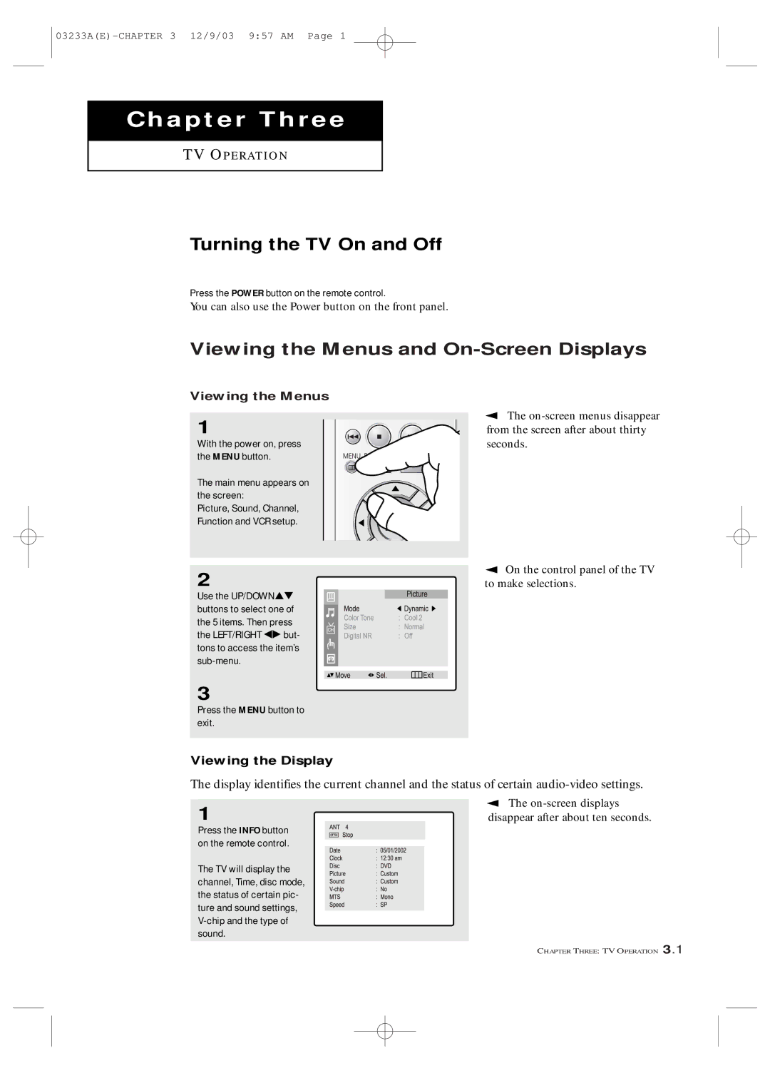 Samsung CFTD2085, CFTD2785 manual Turning the TV On and Off, Viewing the Menus and On-Screen Displays, Viewing the Display 