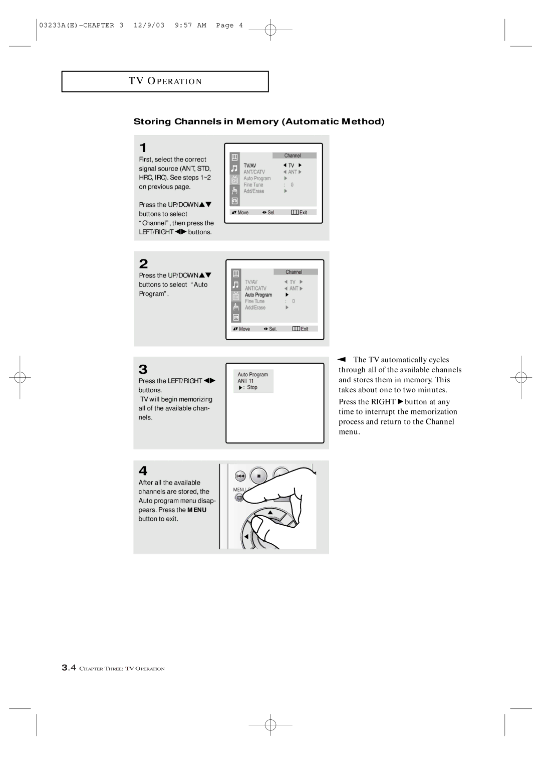 Samsung CFTD2085, CFTD2785, AA68-03265A-00 manual Storing Channels in Memory Automatic Method, TV automatically cycles 