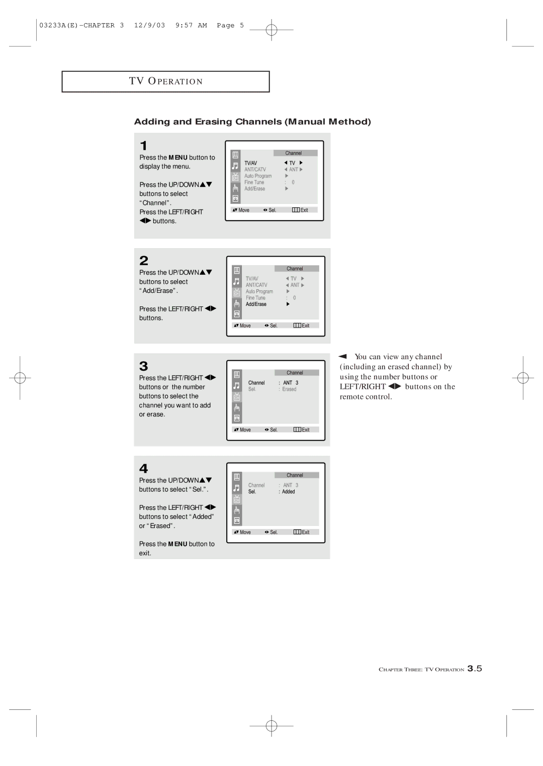 Samsung CFTD2785, CFTD2085, AA68-03265A-00 manual Adding and Erasing Channels Manual Method 