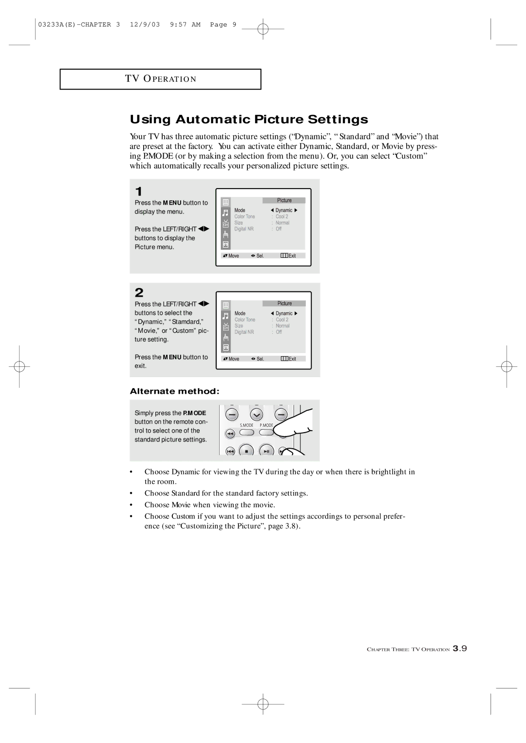 Samsung AA68-03265A-00, CFTD2085, CFTD2785 manual Using Automatic Picture Settings, Alternate method 