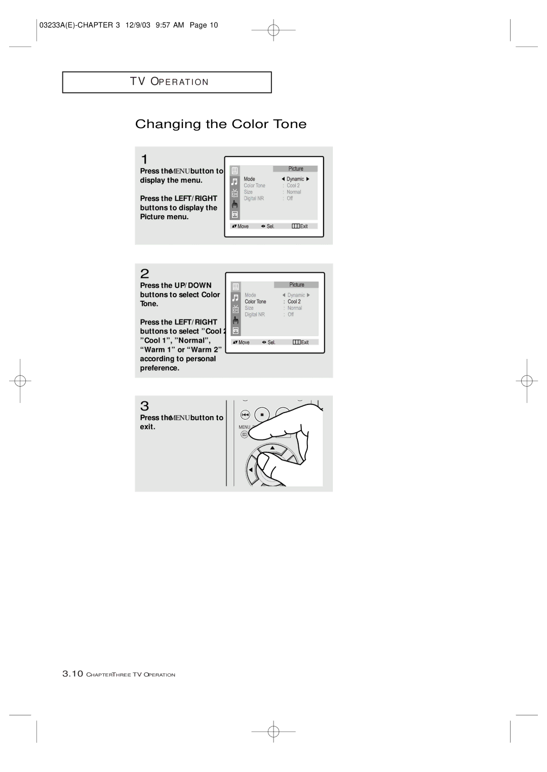 Samsung CFTD2085, CFTD2785, AA68-03265A-00 manual Changing the Color Tone 