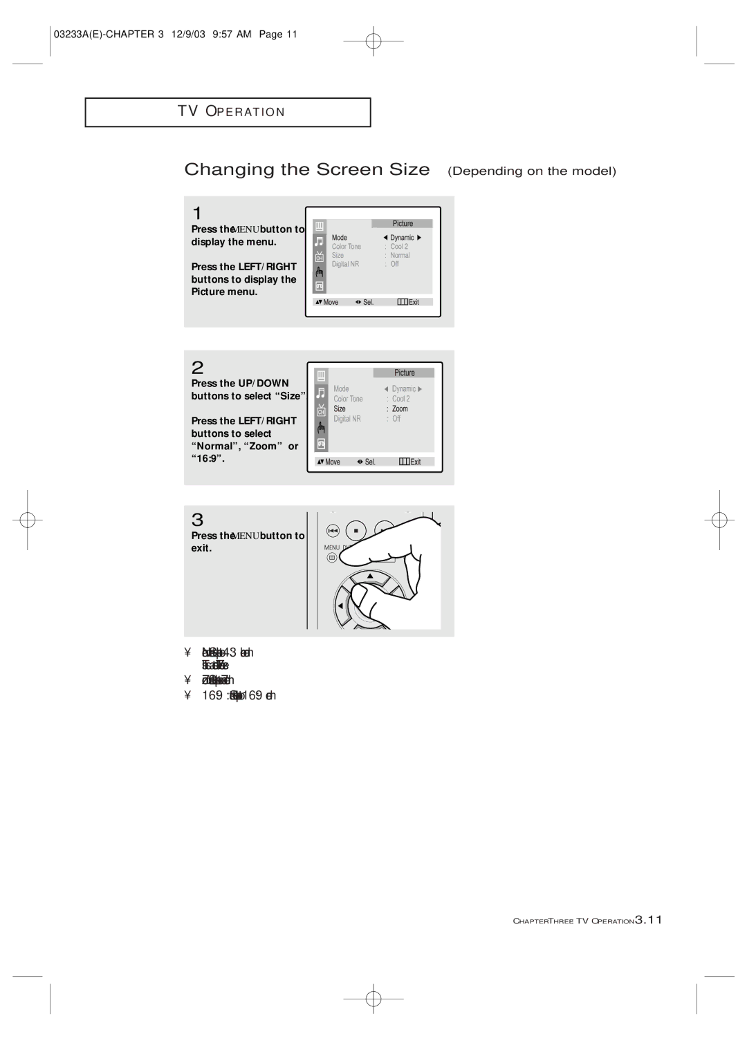 Samsung CFTD2785, CFTD2085, AA68-03265A-00 manual Changing the Screen Size Depending on the model 