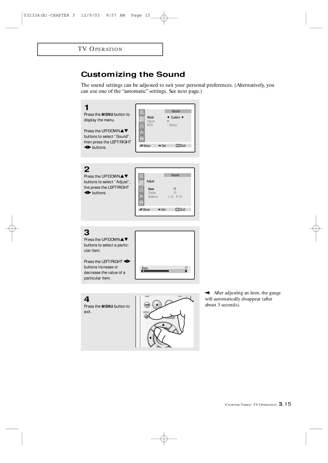 Samsung AA68-03265A-00, CFTD2085, CFTD2785 manual Customizing the Sound, After adjusting an item, the gauge 