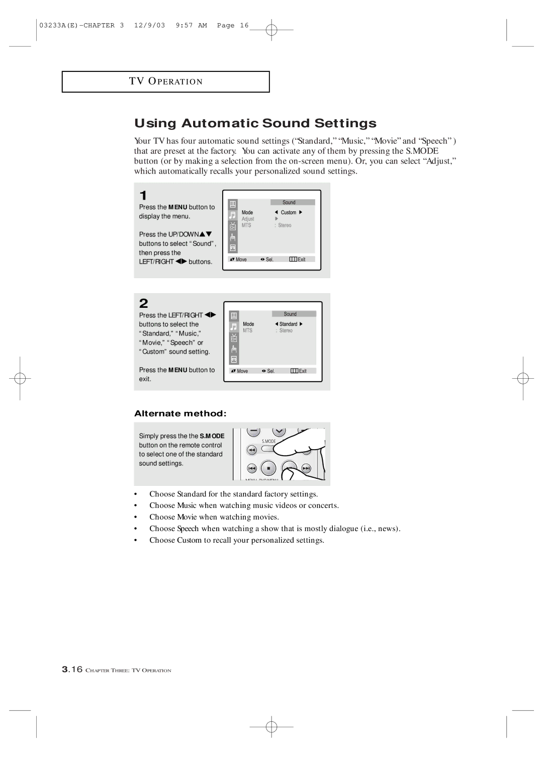 Samsung CFTD2085, CFTD2785, AA68-03265A-00 manual Using Automatic Sound Settings, Press the Menu button to display the menu 