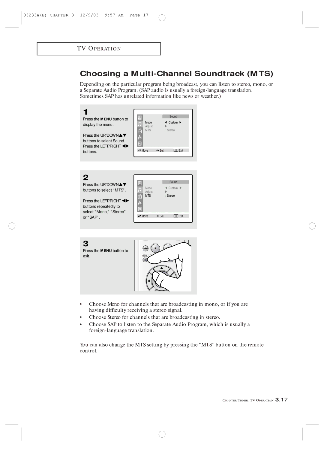 Samsung CFTD2785, CFTD2085, AA68-03265A-00 manual Choosing a Multi-Channel Soundtrack MTS 