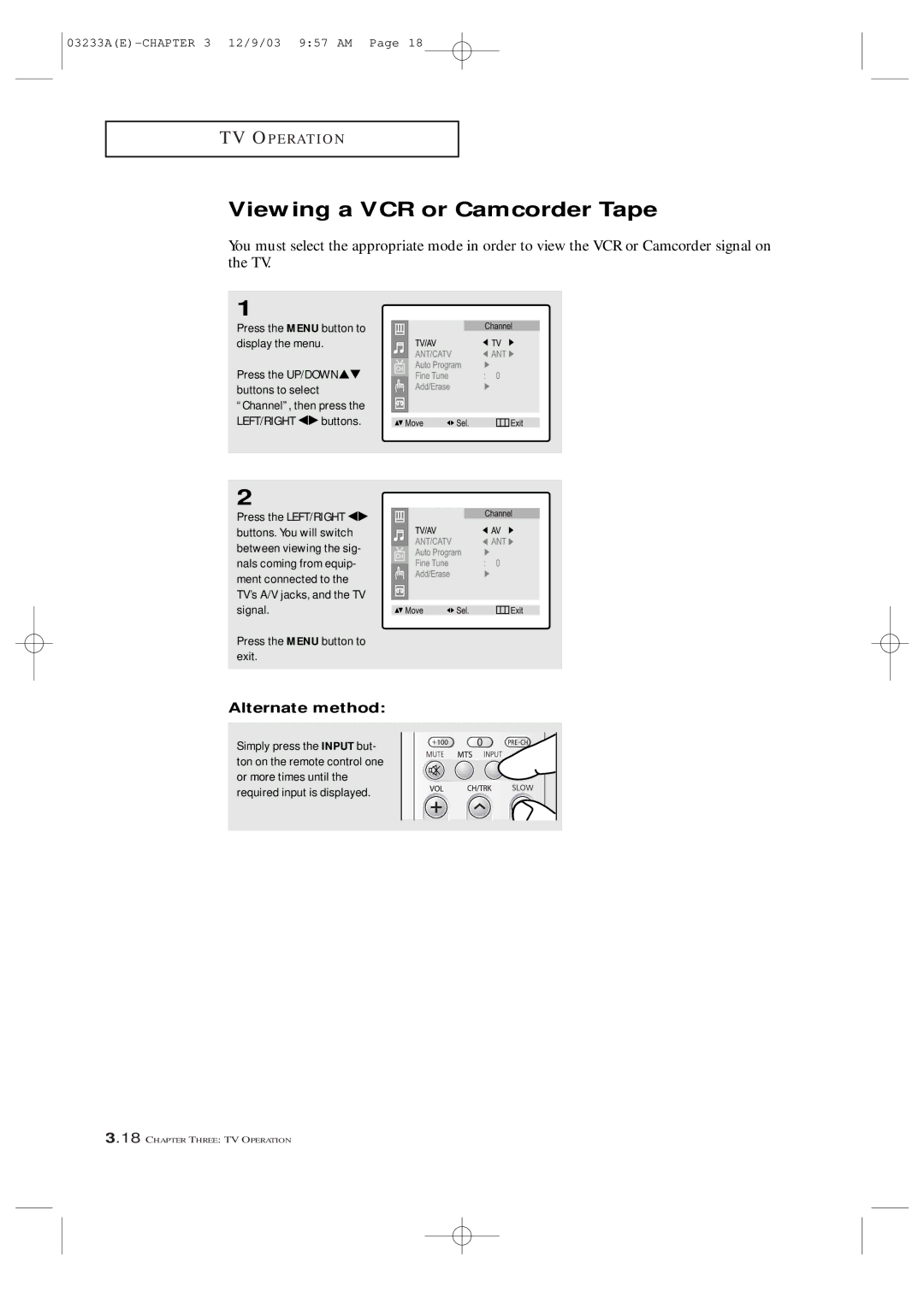 Samsung AA68-03265A-00, CFTD2085, CFTD2785 manual Viewing a VCR or Camcorder Tape 