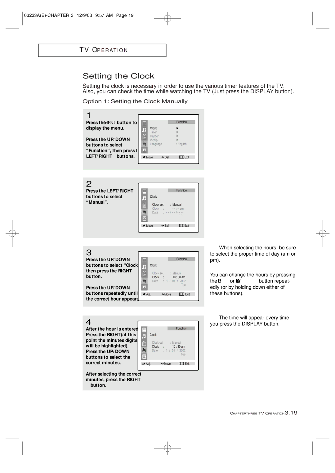 Samsung CFTD2085 Option 1 Setting the Clock Manually, When selecting the hours, be sure, You press the Display button 