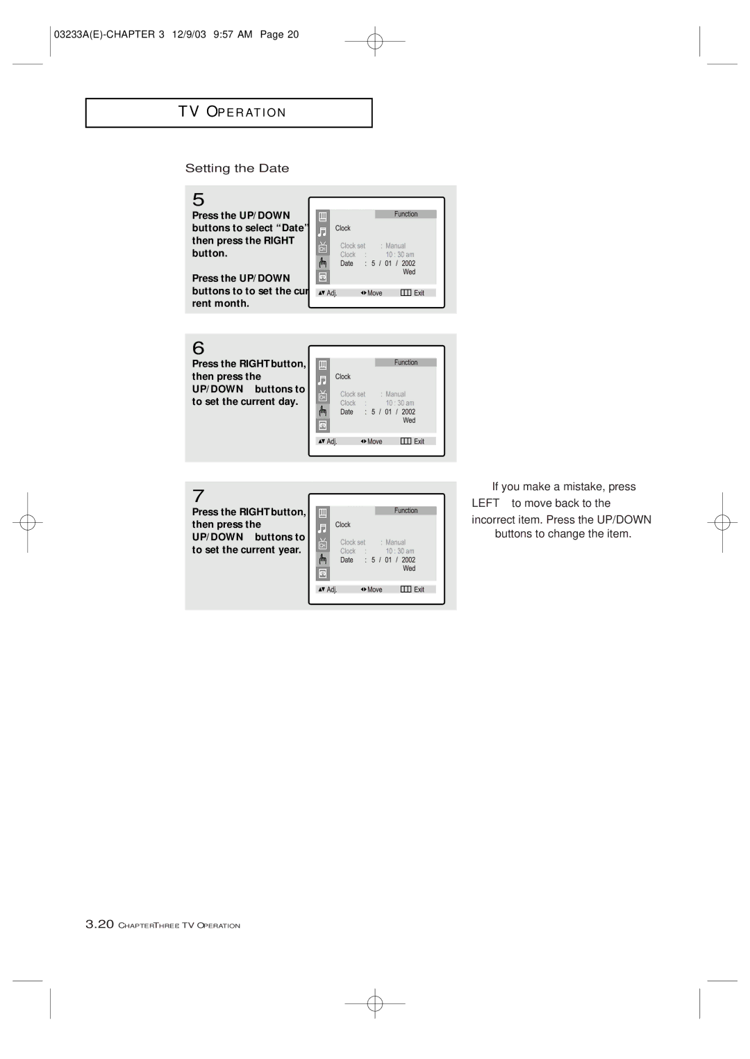 Samsung CFTD2785, CFTD2085, AA68-03265A-00 manual Setting the Date 