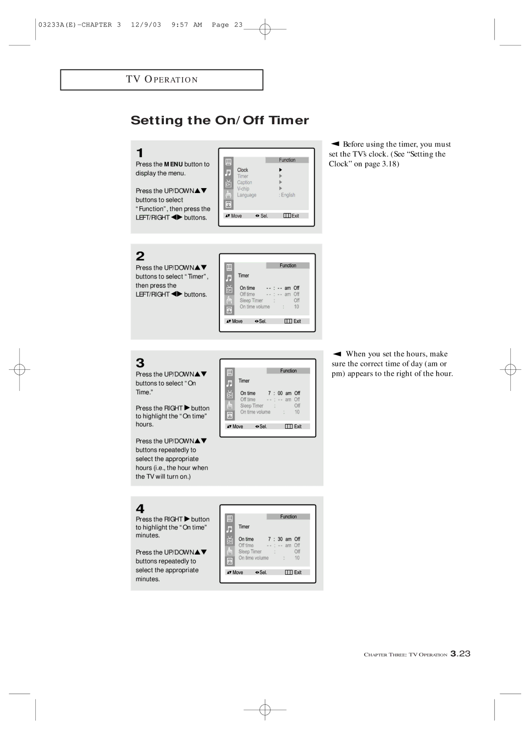 Samsung CFTD2785 Setting the On/Off Timer, Before using the timer, you must, Set the TV’s clock. See Setting the Clock on 