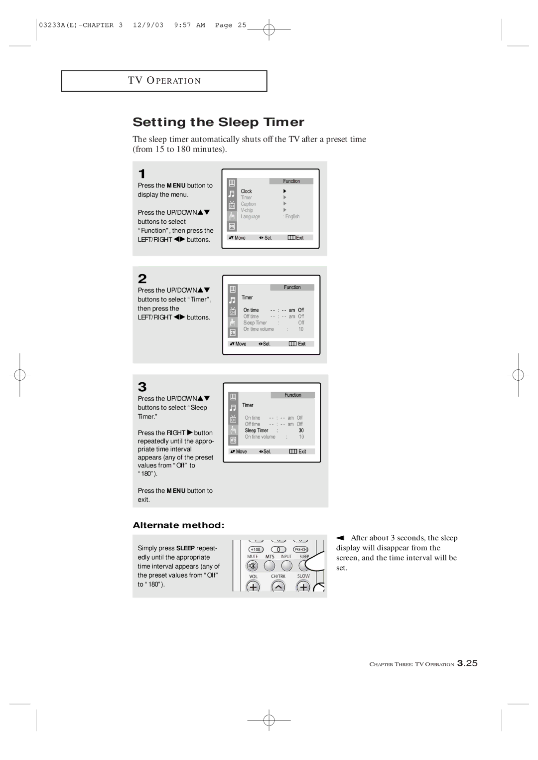 Samsung CFTD2085, CFTD2785, AA68-03265A-00 manual Setting the Sleep Timer, After about 3 seconds, the sleep 