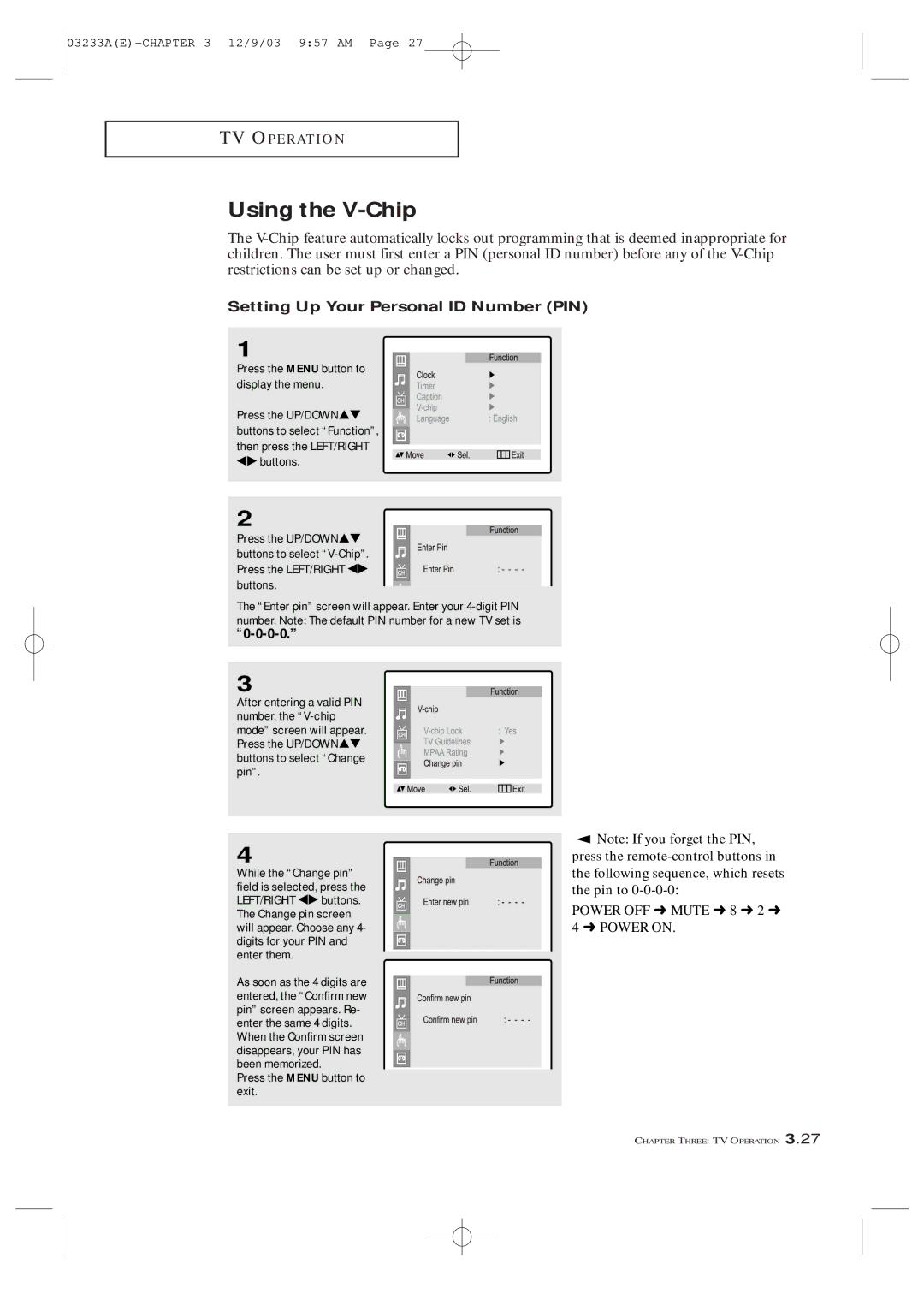 Samsung AA68-03265A-00, CFTD2085, CFTD2785 manual Using the V-Chip, Setting Up Your Personal ID Number PIN 