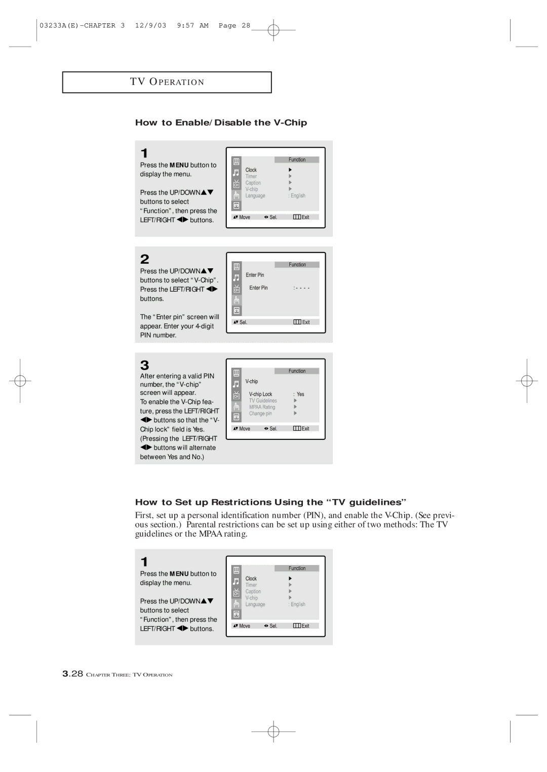 Samsung CFTD2085, CFTD2785 manual How to Enable/Disable the V-Chip, How to Set up Restrictions Using the TV guidelines 