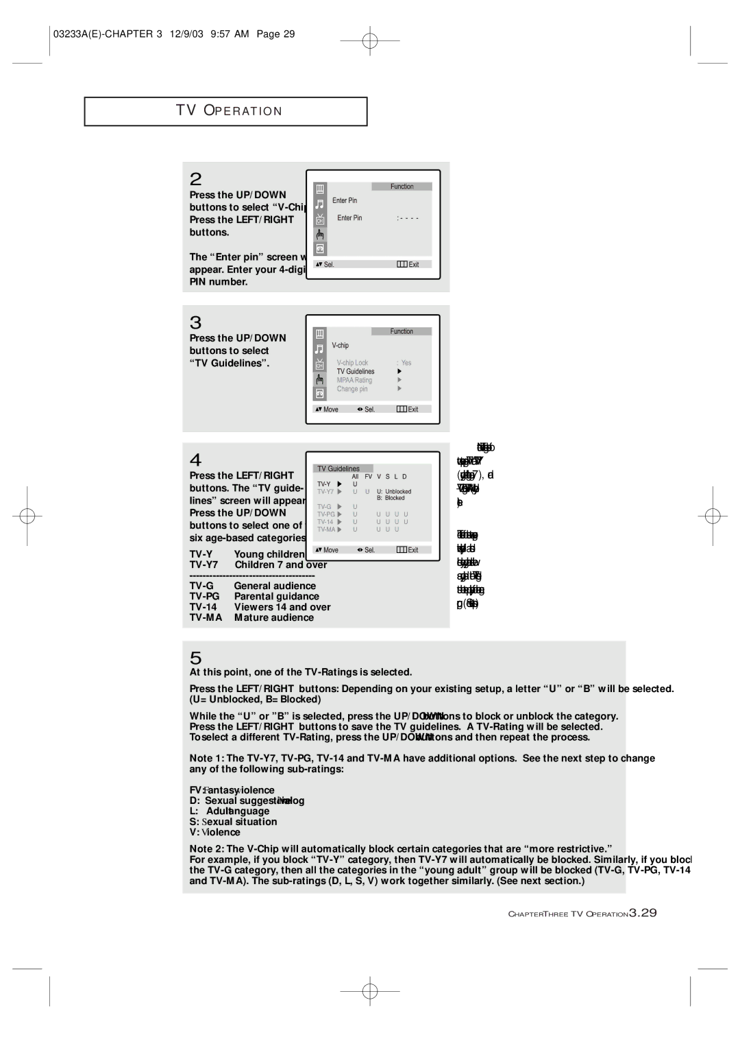 Samsung CFTD2785 TV Guidelines, TV-Y Young children TV-Y7 Children 7 and over, General audience, Parental guidance, TV-14 