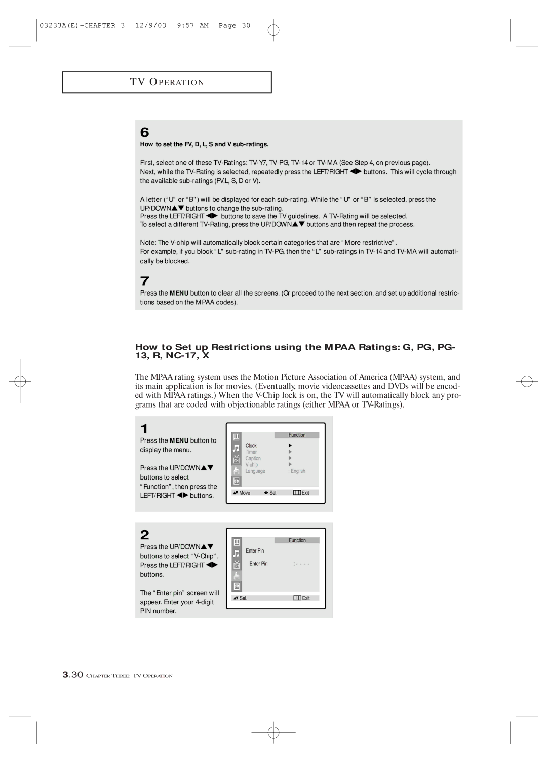 Samsung AA68-03265A-00, CFTD2085, CFTD2785 manual How to set the FV, D, L, S and V sub-ratings 