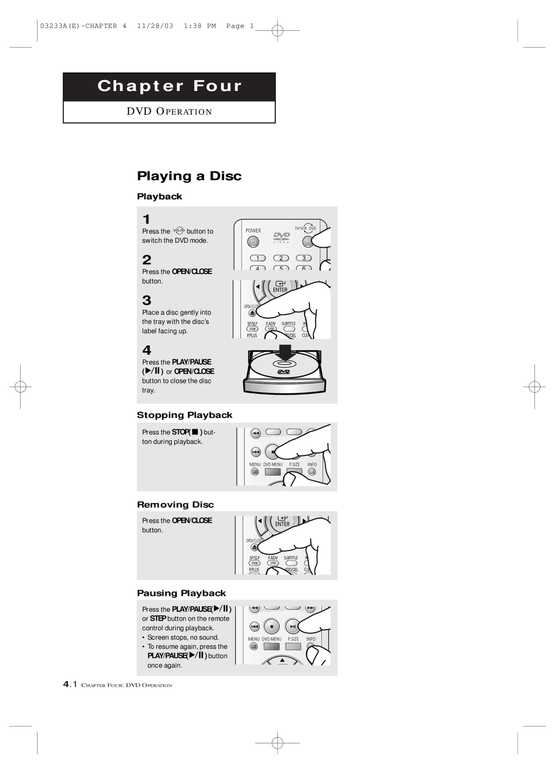 Samsung CFTD2785, CFTD2085, AA68-03265A-00 manual Playing a Disc, Stopping Playback, Removing Disc, Pausing Playback 