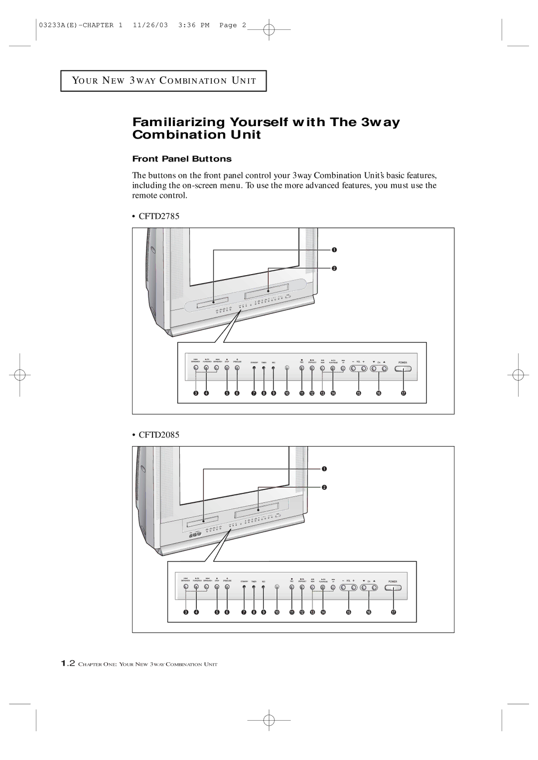 Samsung AA68-03265A-00, CFTD2085, CFTD2785 manual Familiarizing Yourself with The 3way Combination Unit, Front Panel Buttons 