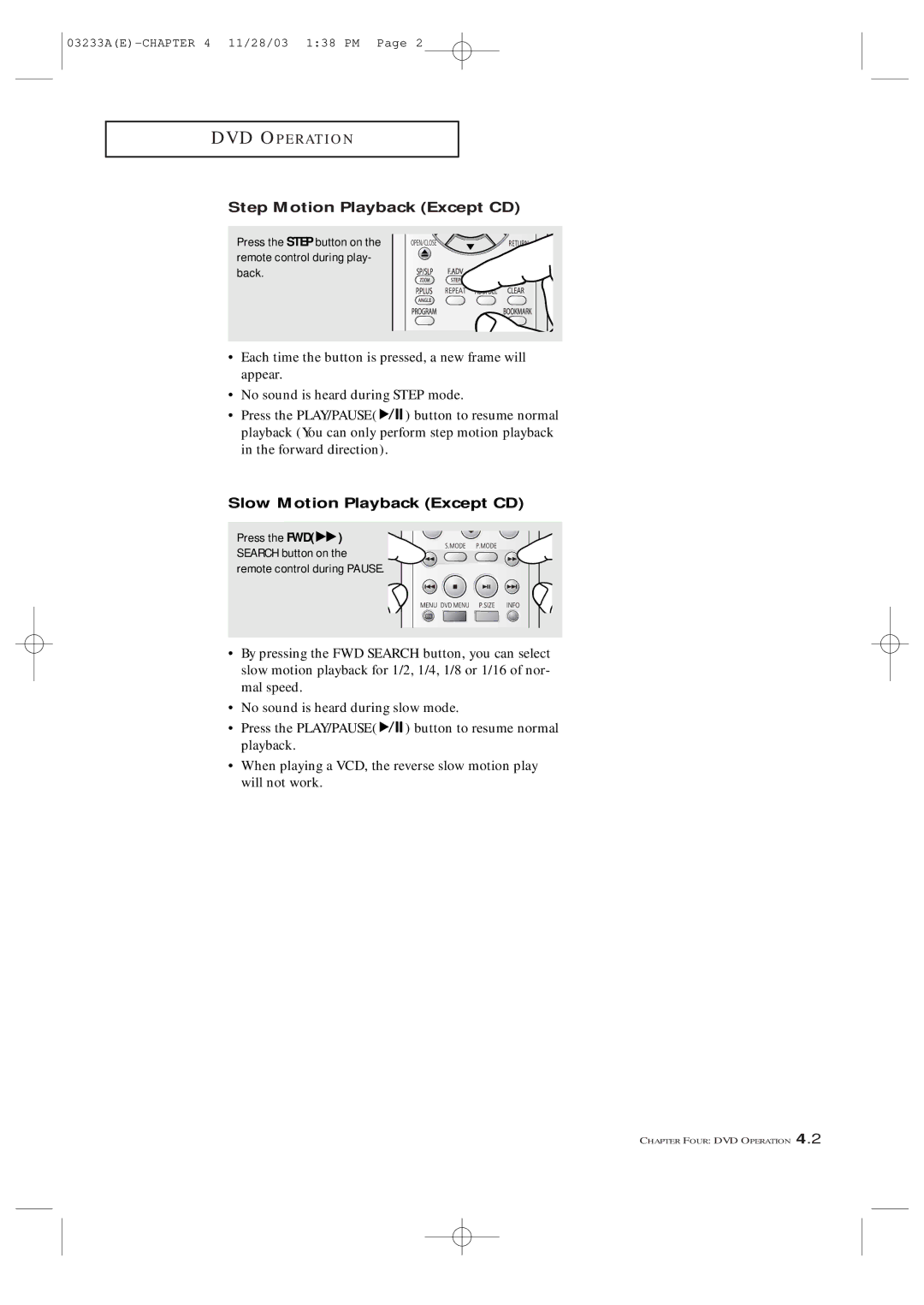 Samsung AA68-03265A-00, CFTD2085, CFTD2785 manual Step Motion Playback Except CD, Slow Motion Playback Except CD 