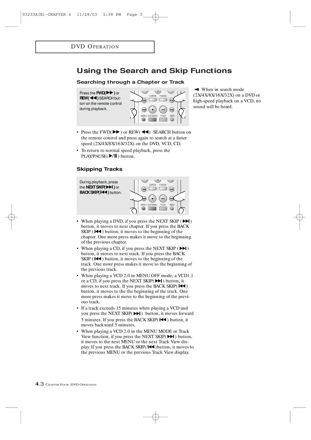 Samsung CFTD2085, CFTD2785 manual Using the Search and Skip Functions, Searching through a Chapter or Track, Skipping Tracks 