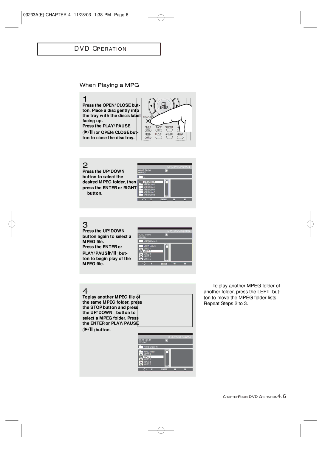 Samsung CFTD2085, CFTD2785, AA68-03265A-00 manual When Playing a MPG, To play another Mpeg folder 